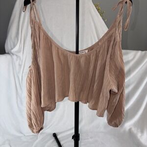 Boho Ripple Gauze Tie-Shoulder Crop Top Balloon Sleeve Dusty Hue Med Festival